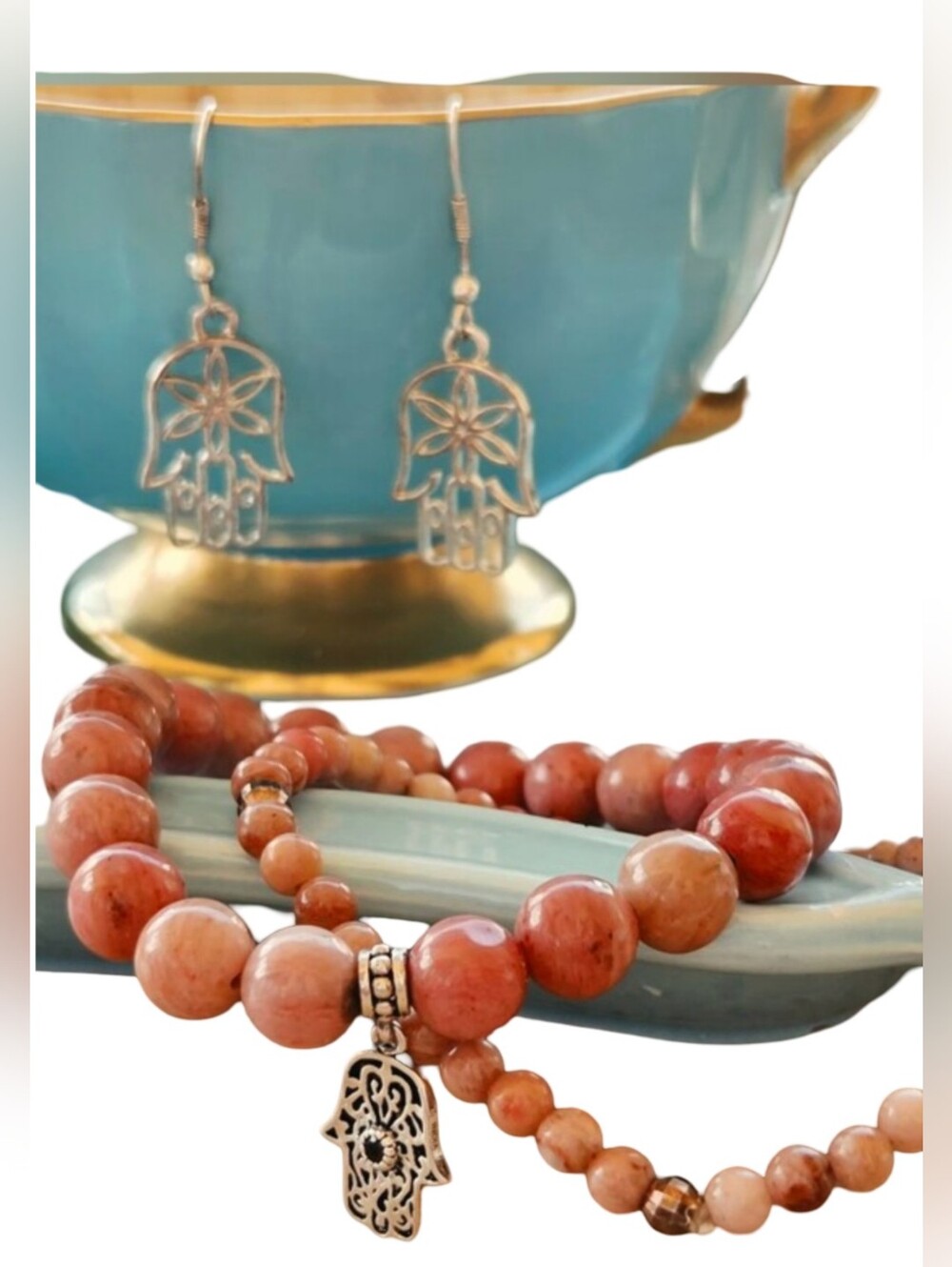 Y2K 3PC Sterling Silver & Real Rhodonite Gemstone Hamsa Jewelry Set